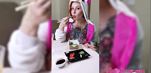  Hot Redhead Eating Roll and Demonstrate Perfect Boobs - Fetish